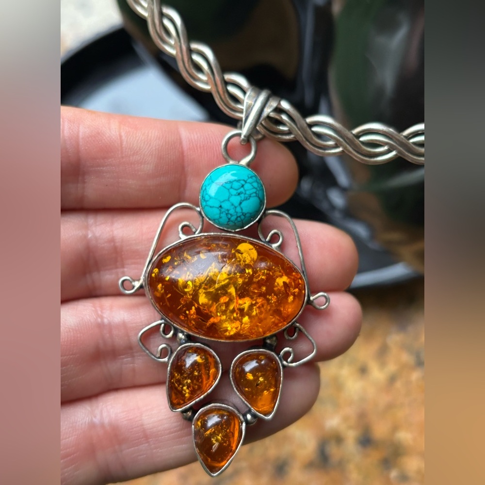 SOLD - Vintage 925 Stamped Sterling Silver Baltic Amber and Turquoise Pendant